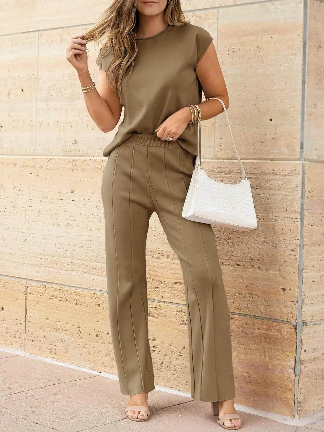 Bona Fide Fashion - Round Neck Cap Sleeve Top and Bottom Knit Set - Women Fashion - Bona Fide Fashion