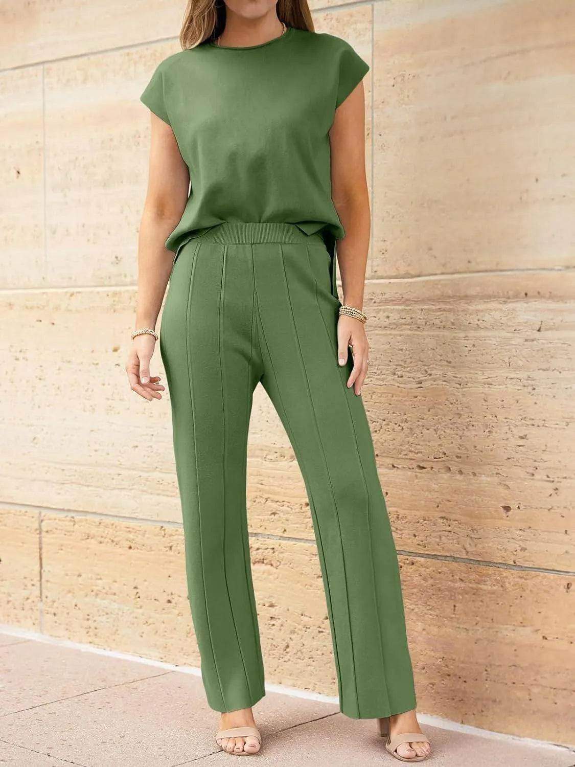 Bona Fide Fashion - Round Neck Cap Sleeve Top and Bottom Knit Set - Women Fashion - Bona Fide Fashion