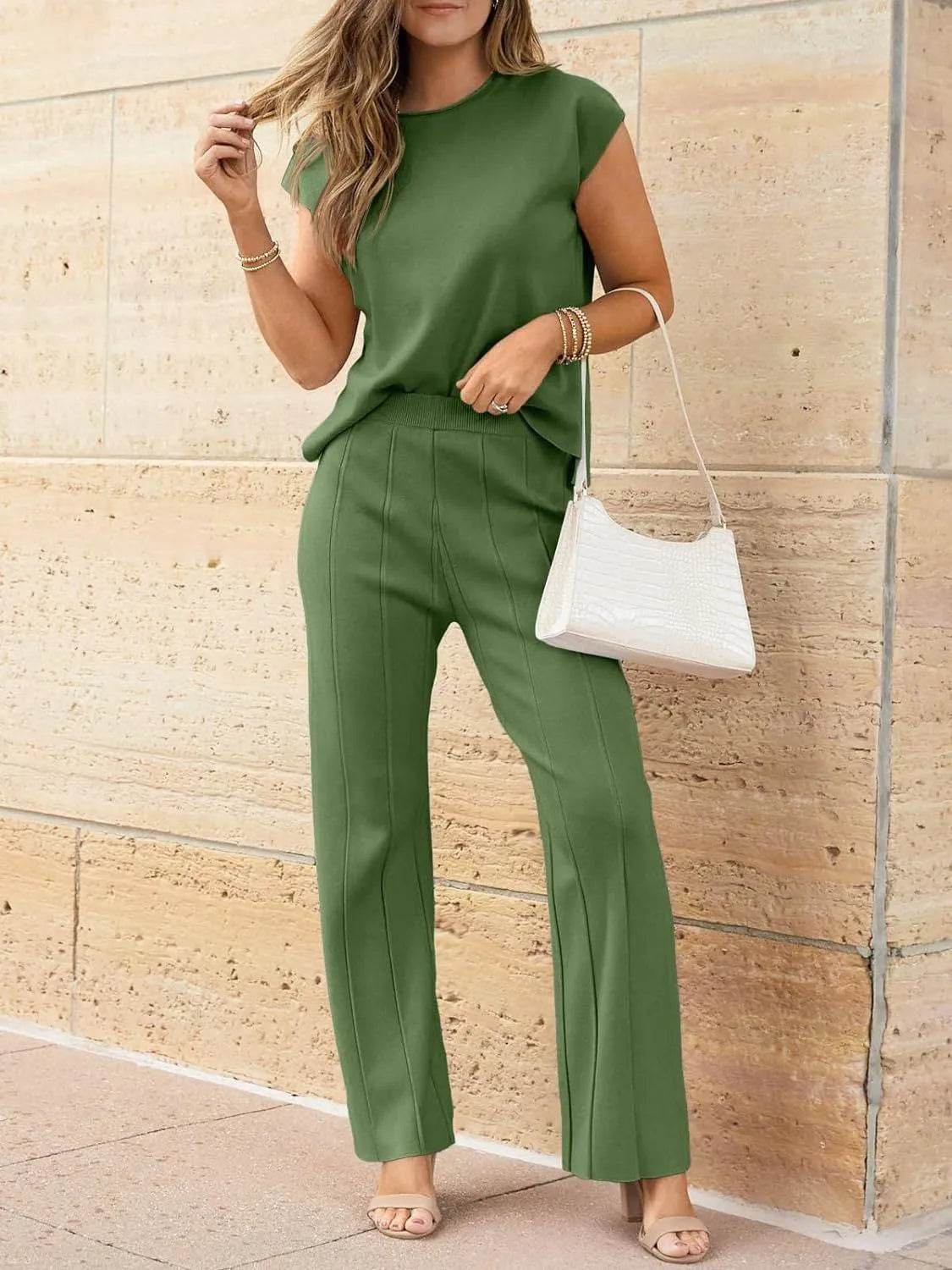 Bona Fide Fashion - Round Neck Cap Sleeve Top and Bottom Knit Set - Women Fashion - Bona Fide Fashion