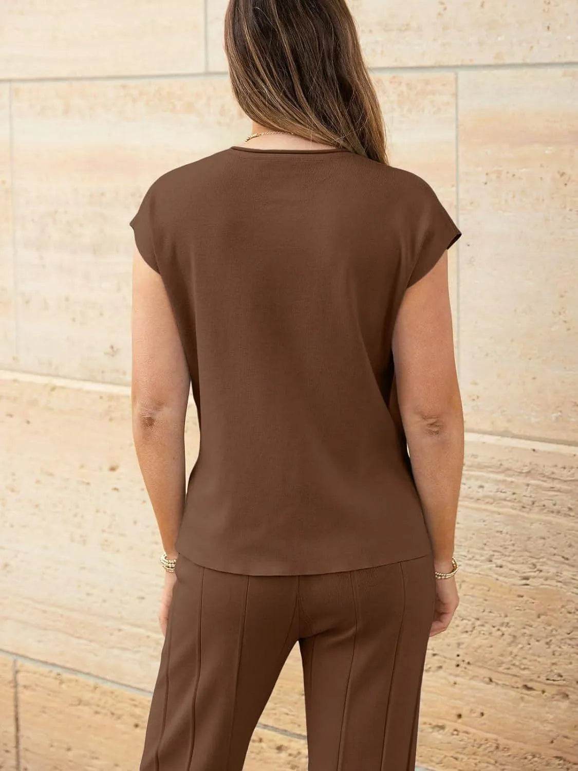Bona Fide Fashion - Round Neck Cap Sleeve Top and Bottom Knit Set - Women Fashion - Bona Fide Fashion