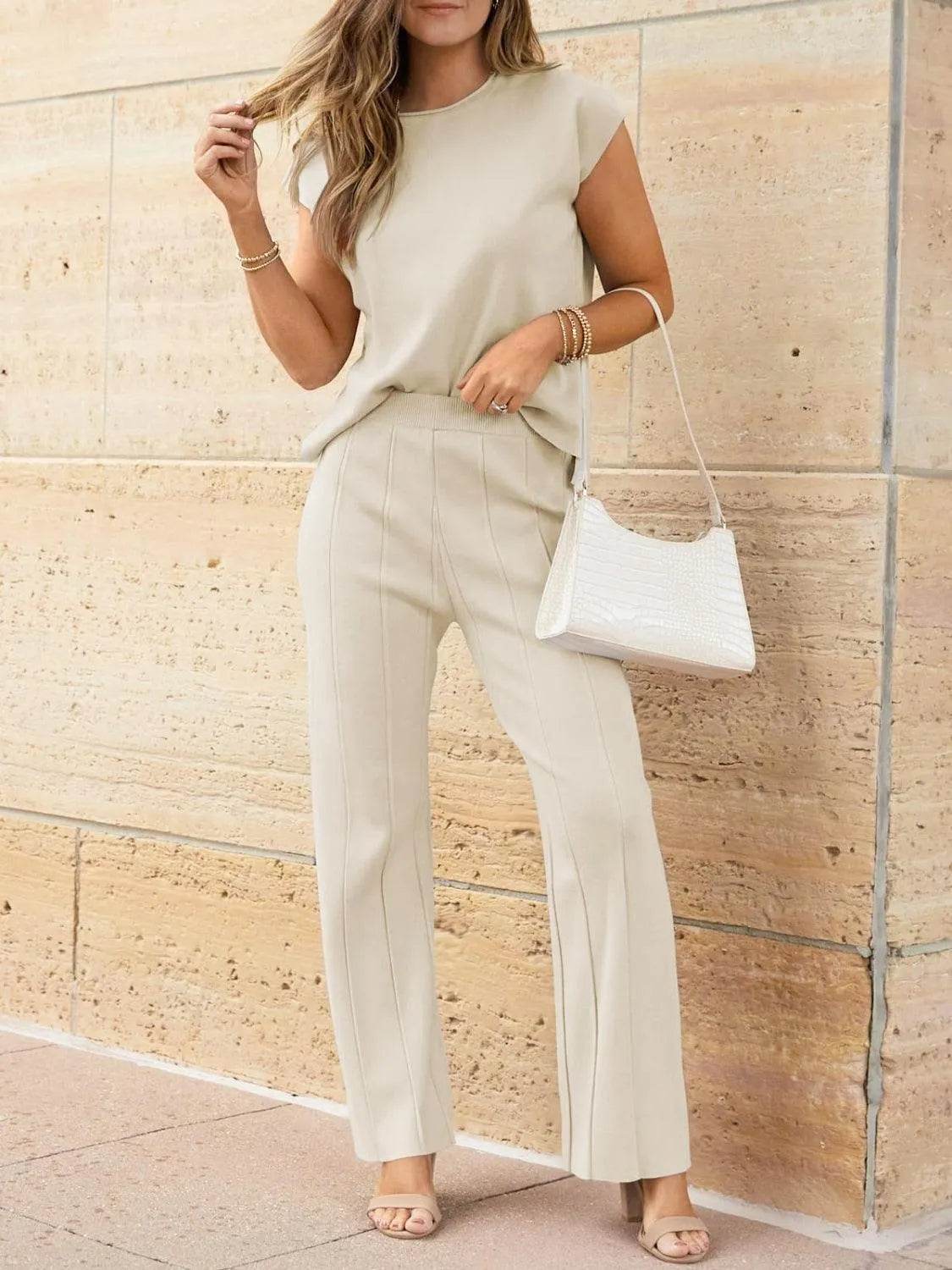 Bona Fide Fashion - Round Neck Cap Sleeve Top and Bottom Knit Set - Women Fashion - Bona Fide Fashion
