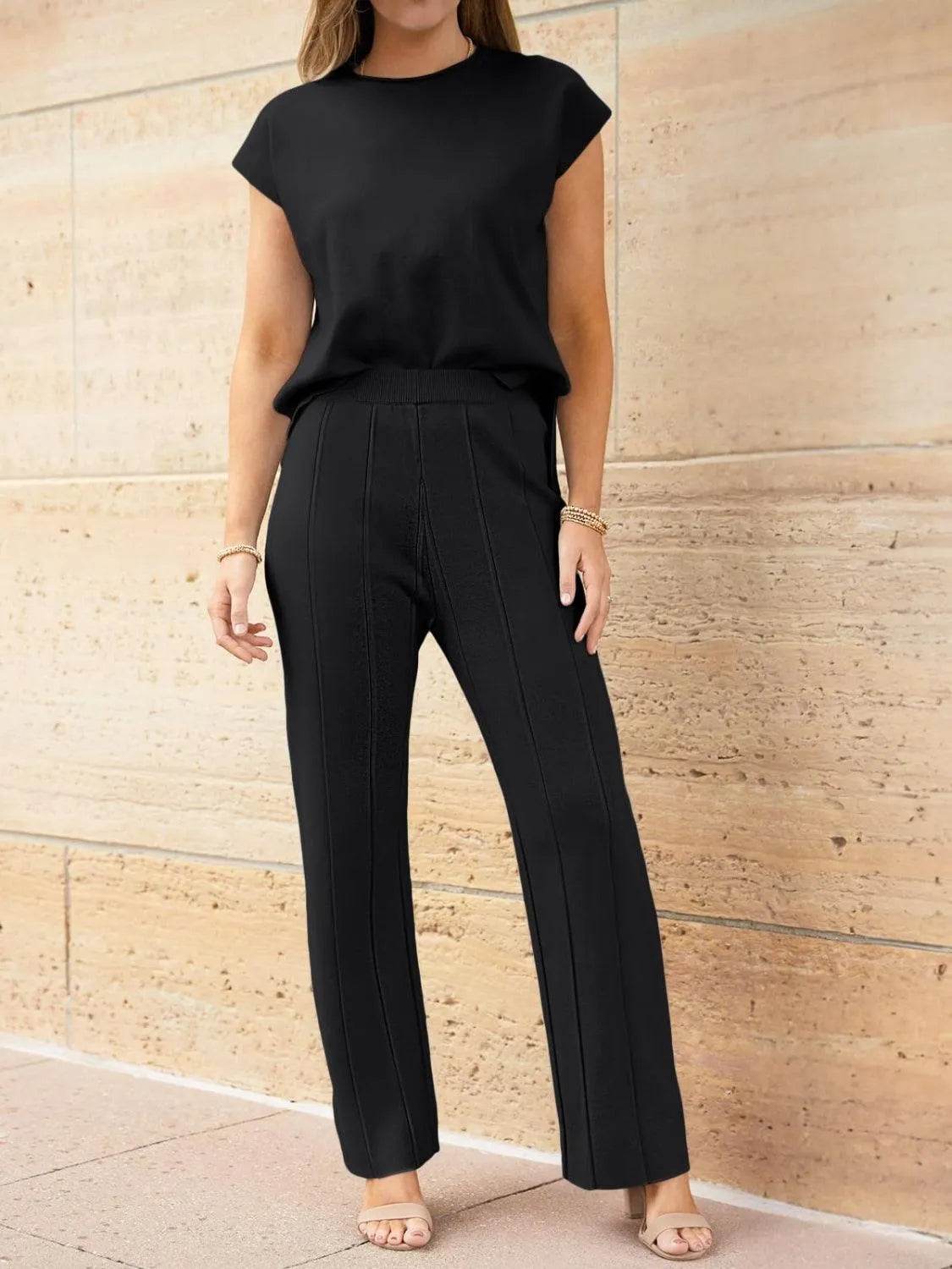 Bona Fide Fashion - Round Neck Cap Sleeve Top and Bottom Knit Set - Women Fashion - Bona Fide Fashion