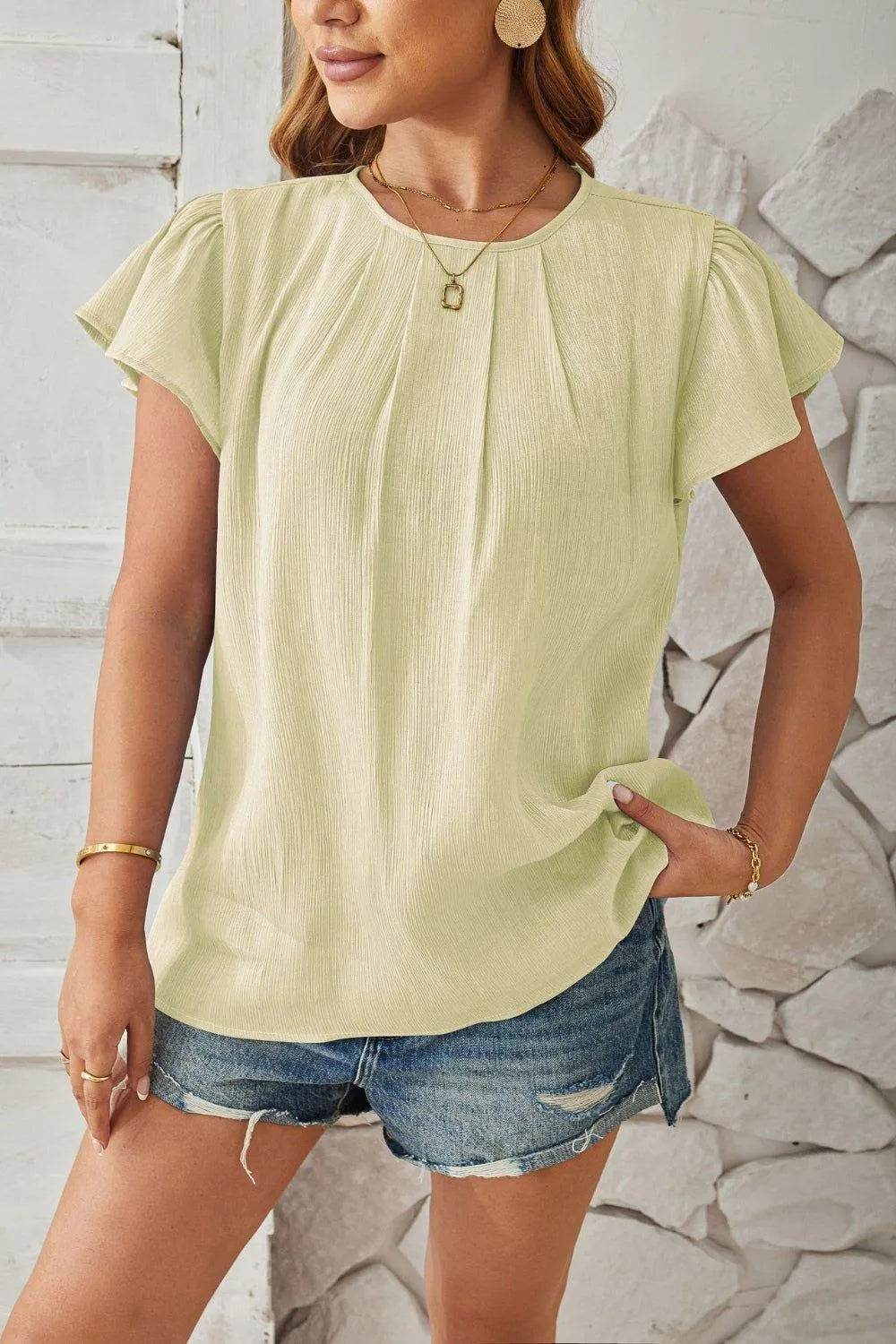 Bona Fide Fashion - Round Neck Keyhole Cap Sleeve T-Shirt - Women Fashion - Bona Fide Fashion