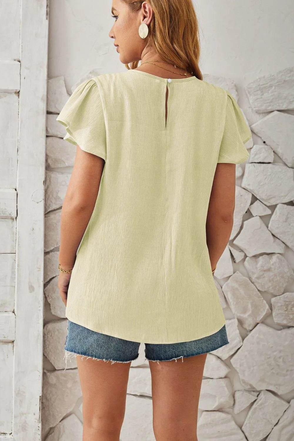 Bona Fide Fashion - Round Neck Keyhole Cap Sleeve T-Shirt - Women Fashion - Bona Fide Fashion