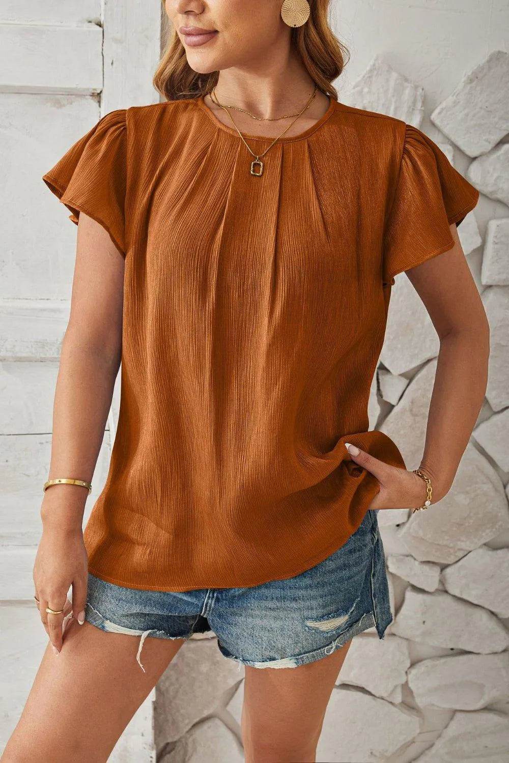 Bona Fide Fashion - Round Neck Keyhole Cap Sleeve T-Shirt - Women Fashion - Bona Fide Fashion