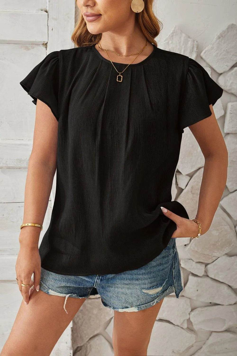 Bona Fide Fashion - Round Neck Keyhole Cap Sleeve T-Shirt - Women Fashion - Bona Fide Fashion