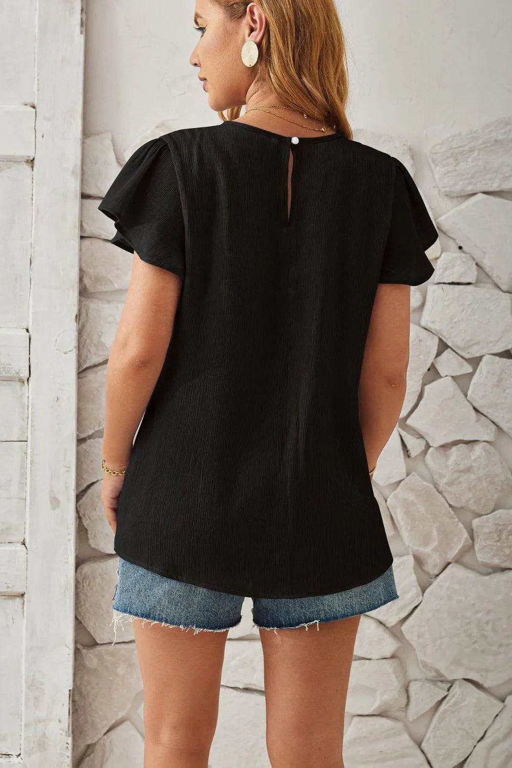 Bona Fide Fashion - Round Neck Keyhole Cap Sleeve T-Shirt - Women Fashion - Bona Fide Fashion