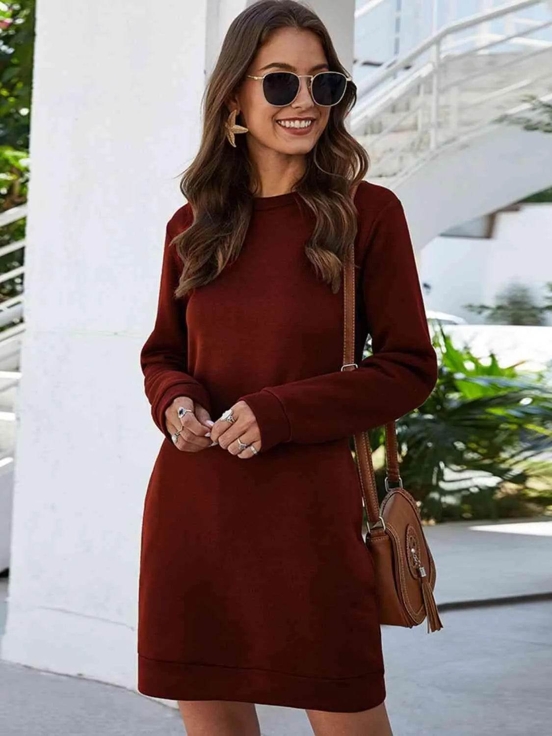 Bona Fide Fashion - Round Neck Long Sleeve Mini Dress with Pockets - Women Fashion - Bona Fide Fashion