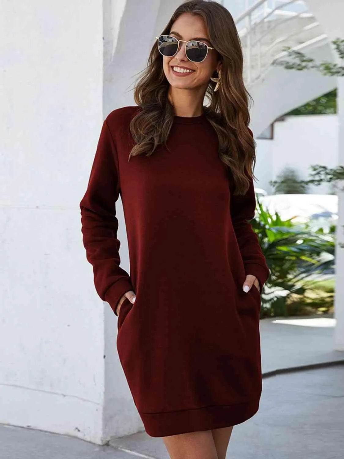 Bona Fide Fashion - Round Neck Long Sleeve Mini Dress with Pockets - Women Fashion - Bona Fide Fashion