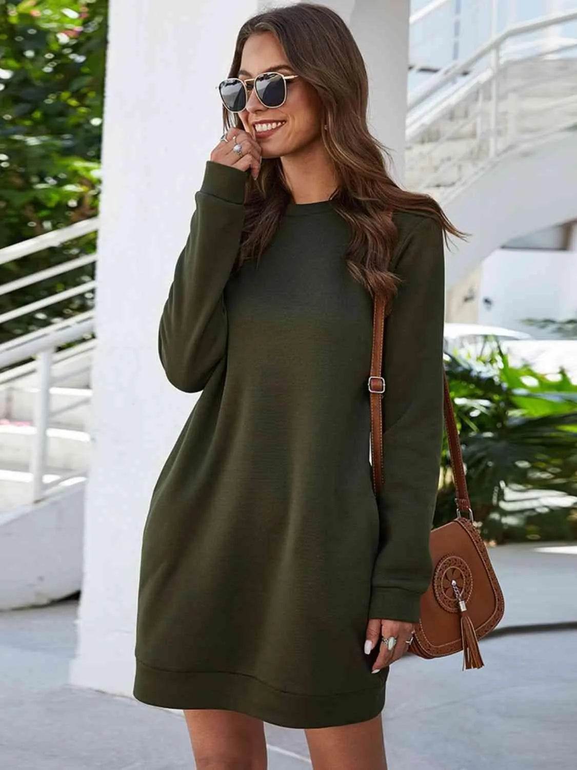 Bona Fide Fashion - Round Neck Long Sleeve Mini Dress with Pockets - Women Fashion - Bona Fide Fashion