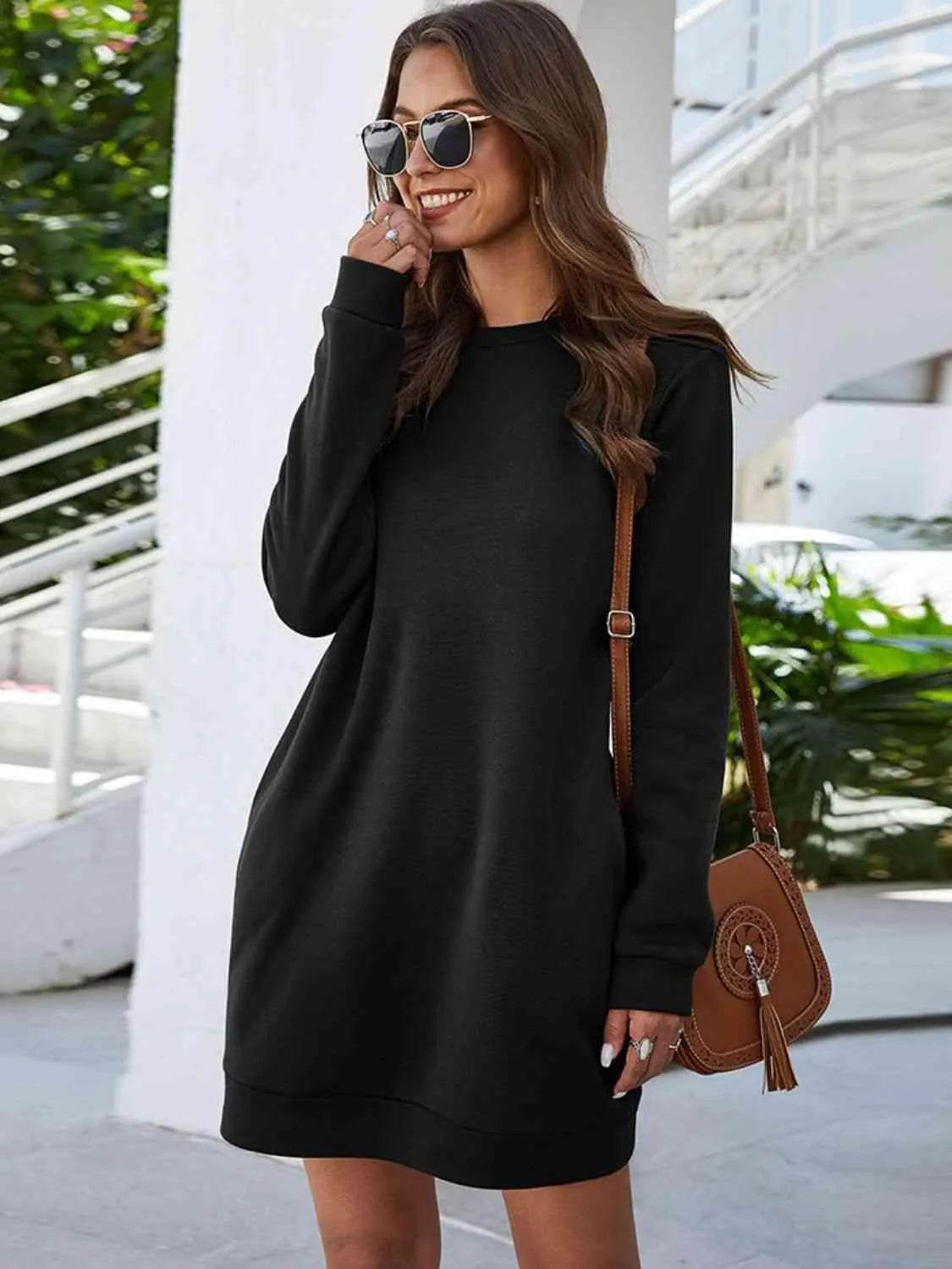 Bona Fide Fashion - Round Neck Long Sleeve Mini Dress with Pockets - Women Fashion - Bona Fide Fashion