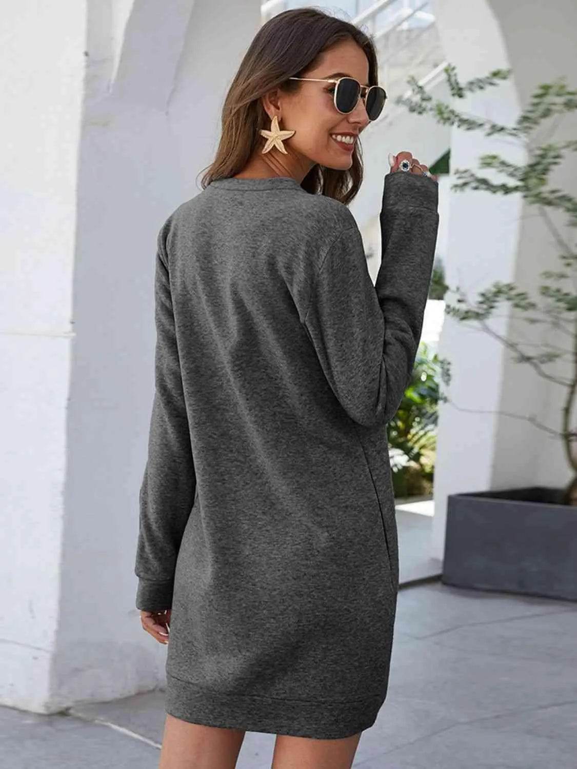 Bona Fide Fashion - Round Neck Long Sleeve Mini Dress with Pockets - Women Fashion - Bona Fide Fashion