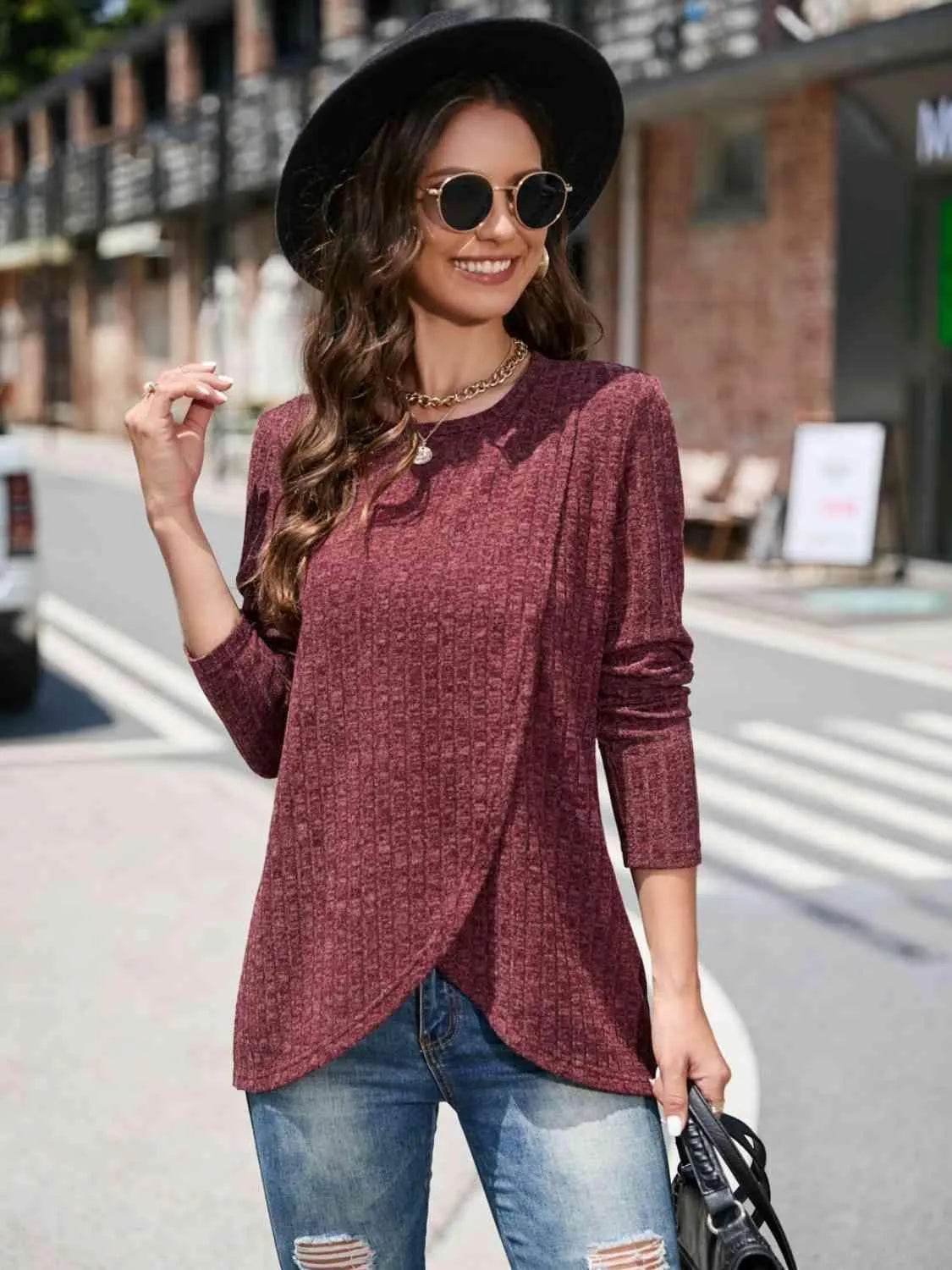 Bona Fide Fashion - Round Neck Long Sleeve Shirt - Women Fashion - Bona Fide Fashion