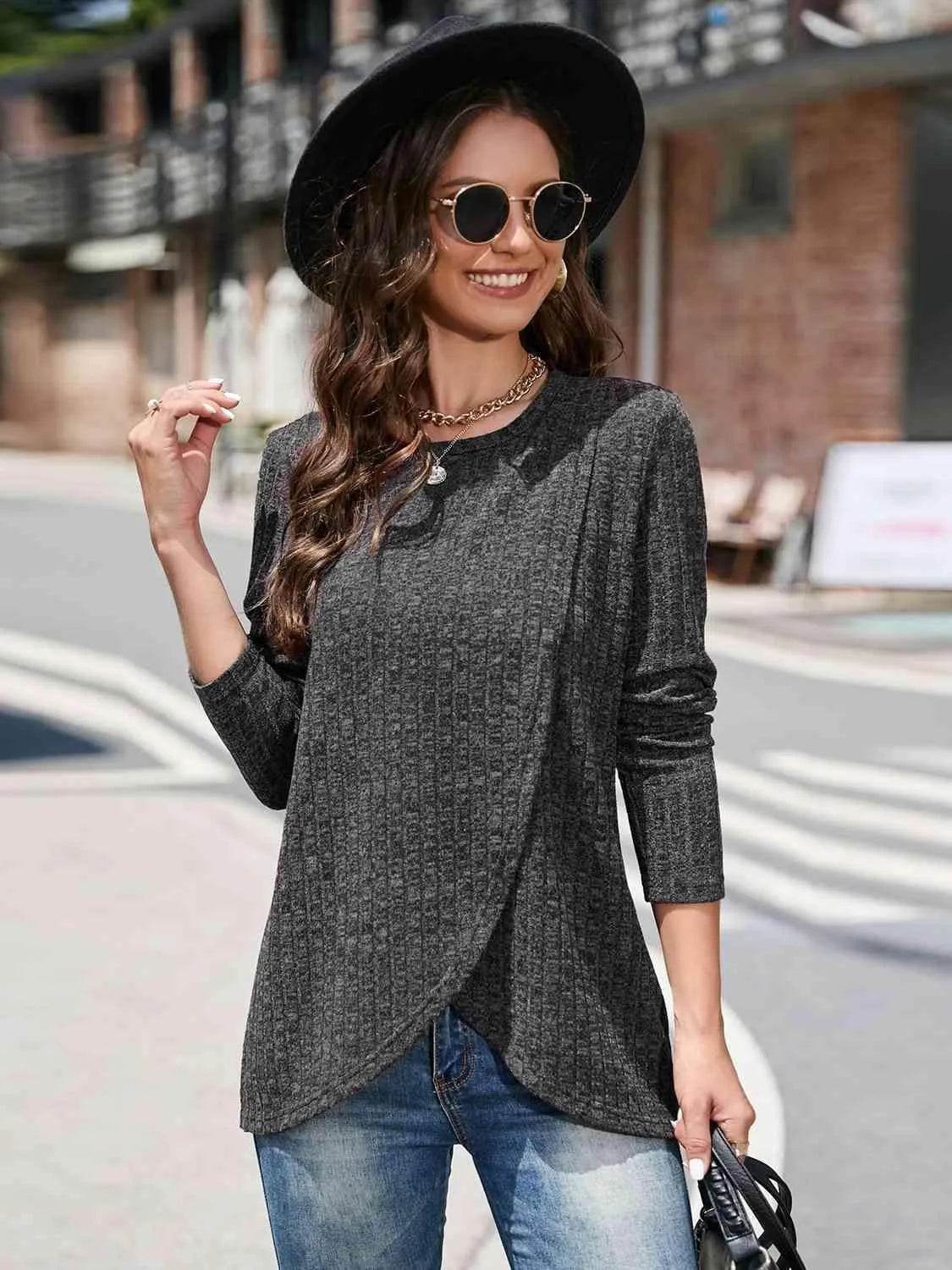 Bona Fide Fashion - Round Neck Long Sleeve Shirt - Women Fashion - Bona Fide Fashion