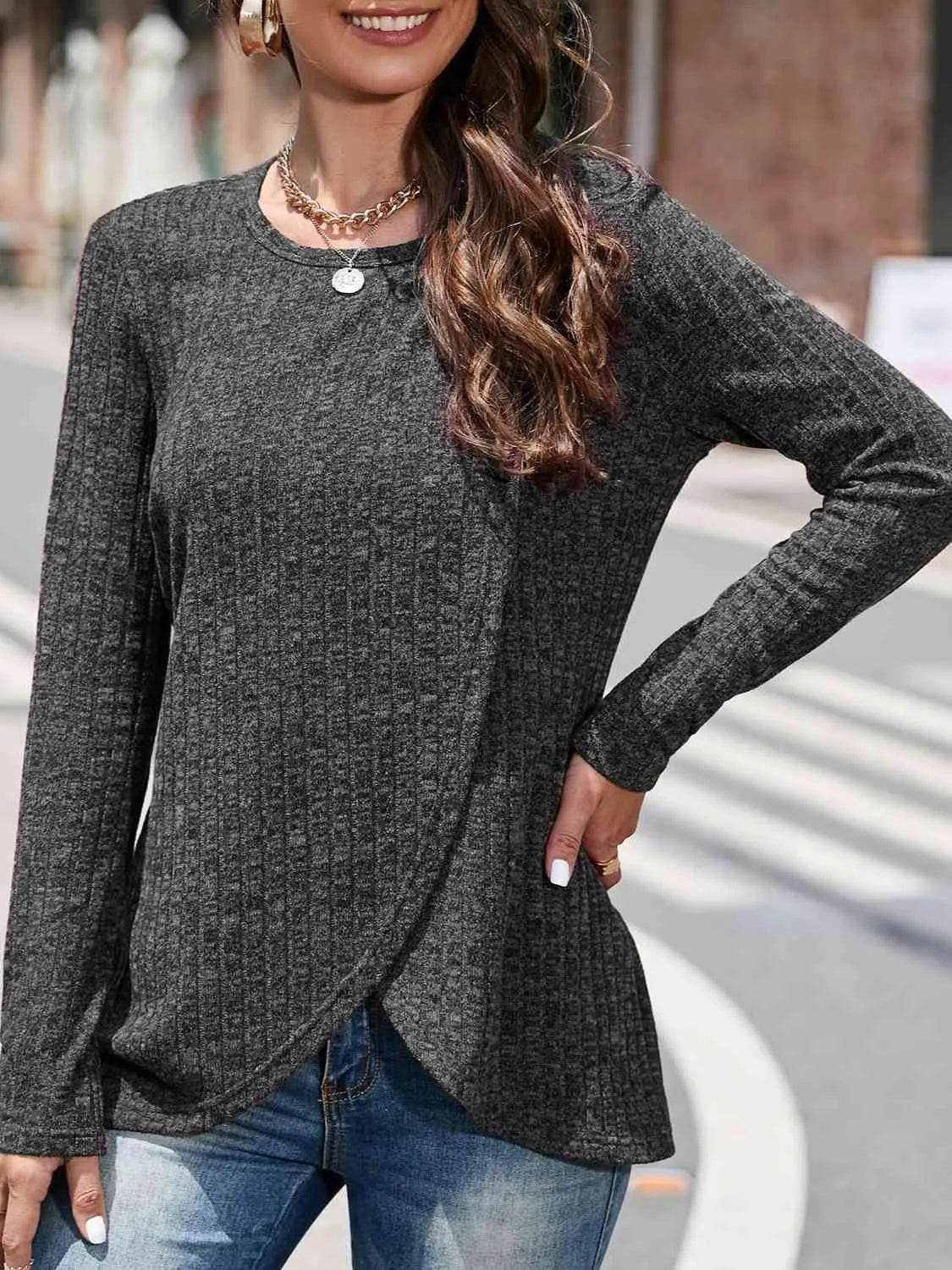 Bona Fide Fashion - Round Neck Long Sleeve Shirt - Women Fashion - Bona Fide Fashion