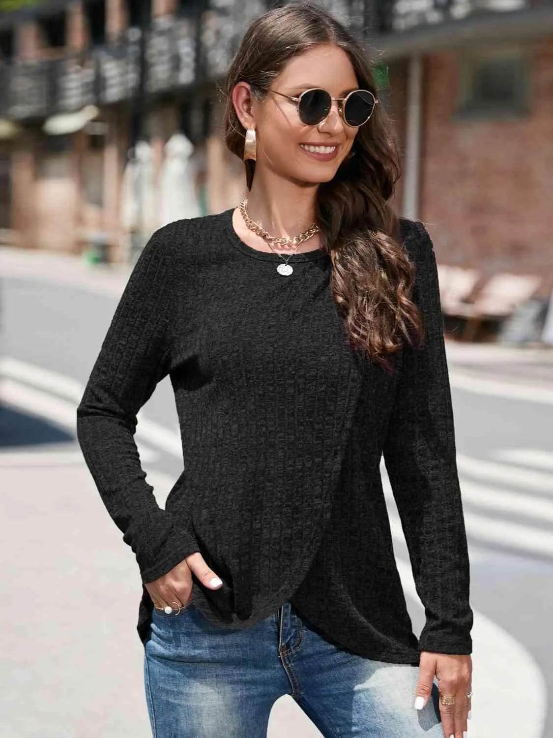 Bona Fide Fashion - Round Neck Long Sleeve Shirt - Women Fashion - Bona Fide Fashion