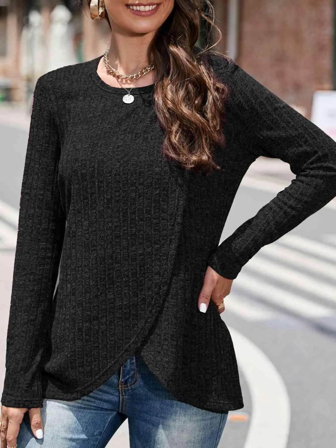 Bona Fide Fashion - Round Neck Long Sleeve Shirt - Women Fashion - Bona Fide Fashion