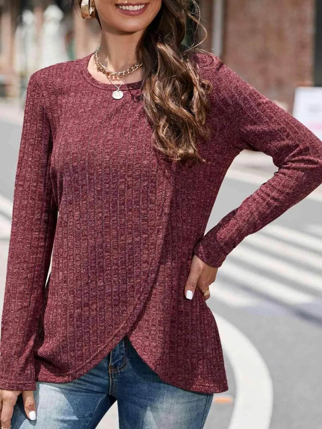 Bona Fide Fashion - Round Neck Long Sleeve Shirt - Women Fashion - Bona Fide Fashion