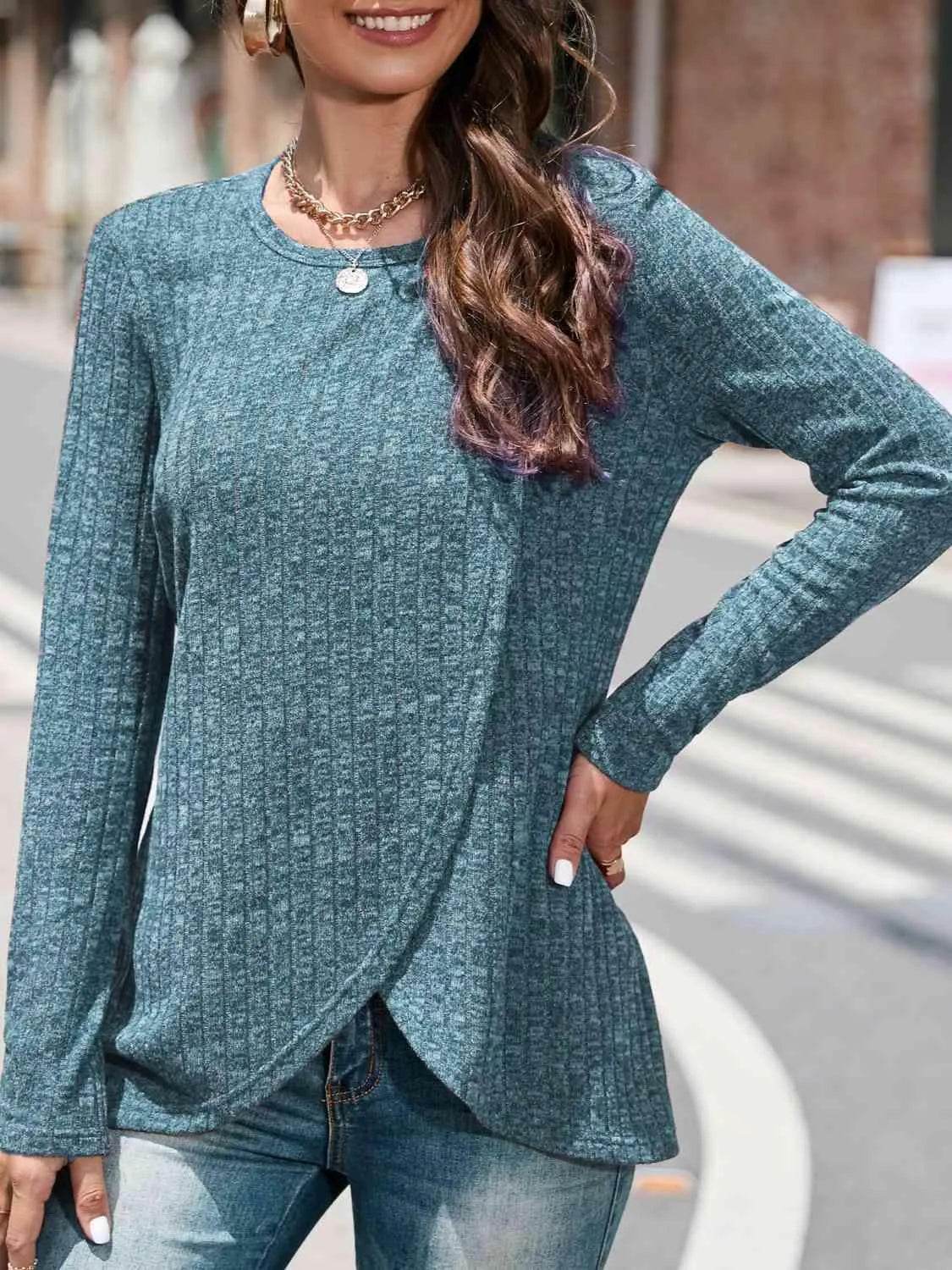Bona Fide Fashion - Round Neck Long Sleeve Shirt - Women Fashion - Bona Fide Fashion