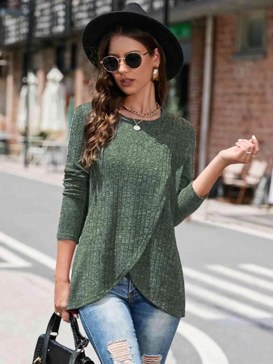 Bona Fide Fashion - Round Neck Long Sleeve Shirt - Women Fashion - Bona Fide Fashion