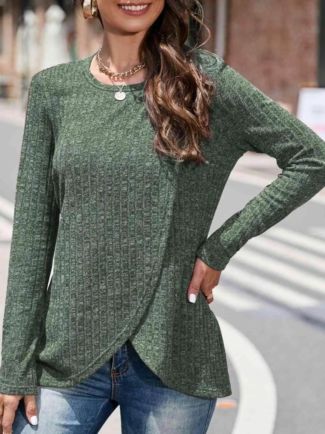 Bona Fide Fashion - Round Neck Long Sleeve Shirt - Women Fashion - Bona Fide Fashion
