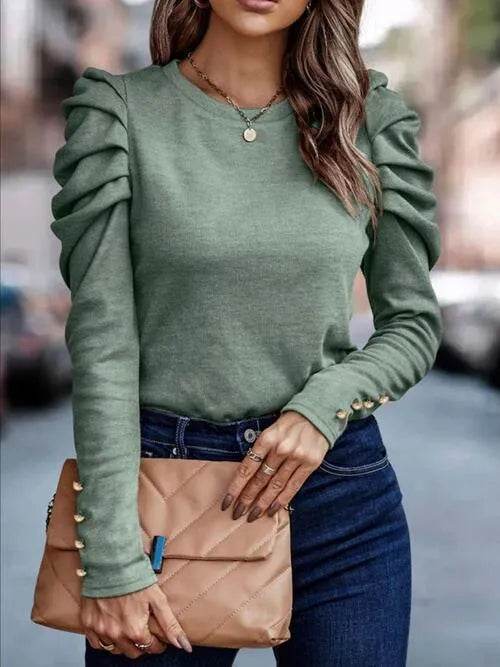 Bona Fide Fashion - Round Neck Puff Sleeve Blouse - Women Fashion - Bona Fide Fashion