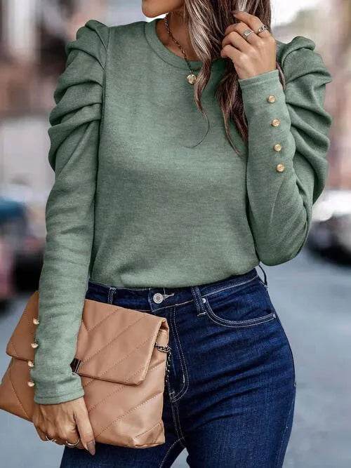 Bona Fide Fashion - Round Neck Puff Sleeve Blouse - Women Fashion - Bona Fide Fashion
