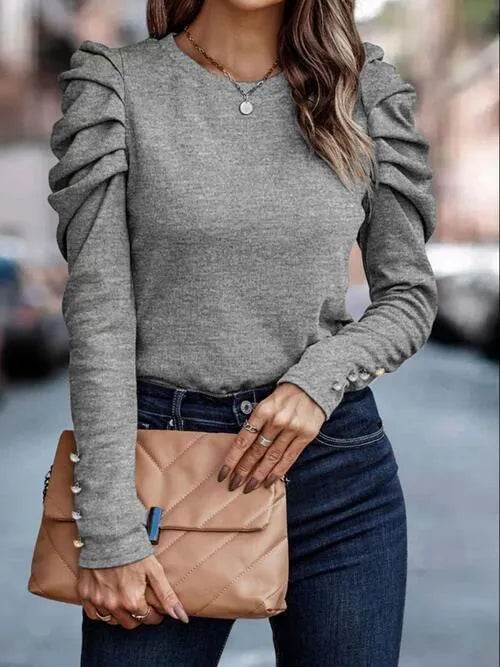 Bona Fide Fashion - Round Neck Puff Sleeve Blouse - Women Fashion - Bona Fide Fashion