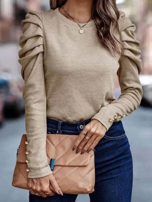 Bona Fide Fashion - Round Neck Puff Sleeve Blouse - Women Fashion - Bona Fide Fashion