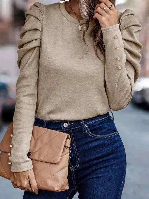 Bona Fide Fashion - Round Neck Puff Sleeve Blouse - Women Fashion - Bona Fide Fashion