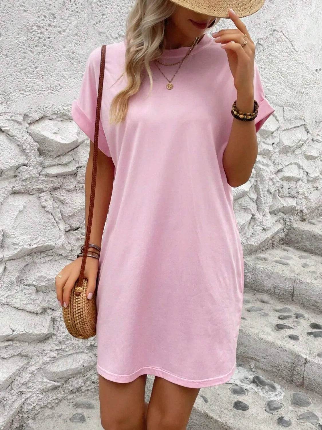 Bona Fide Fashion - Round Neck Short Sleeve Mini Dress - Women Fashion - Bona Fide Fashion