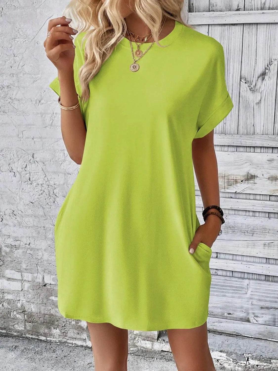 Bona Fide Fashion - Round Neck Short Sleeve Mini Dress - Women Fashion - Bona Fide Fashion