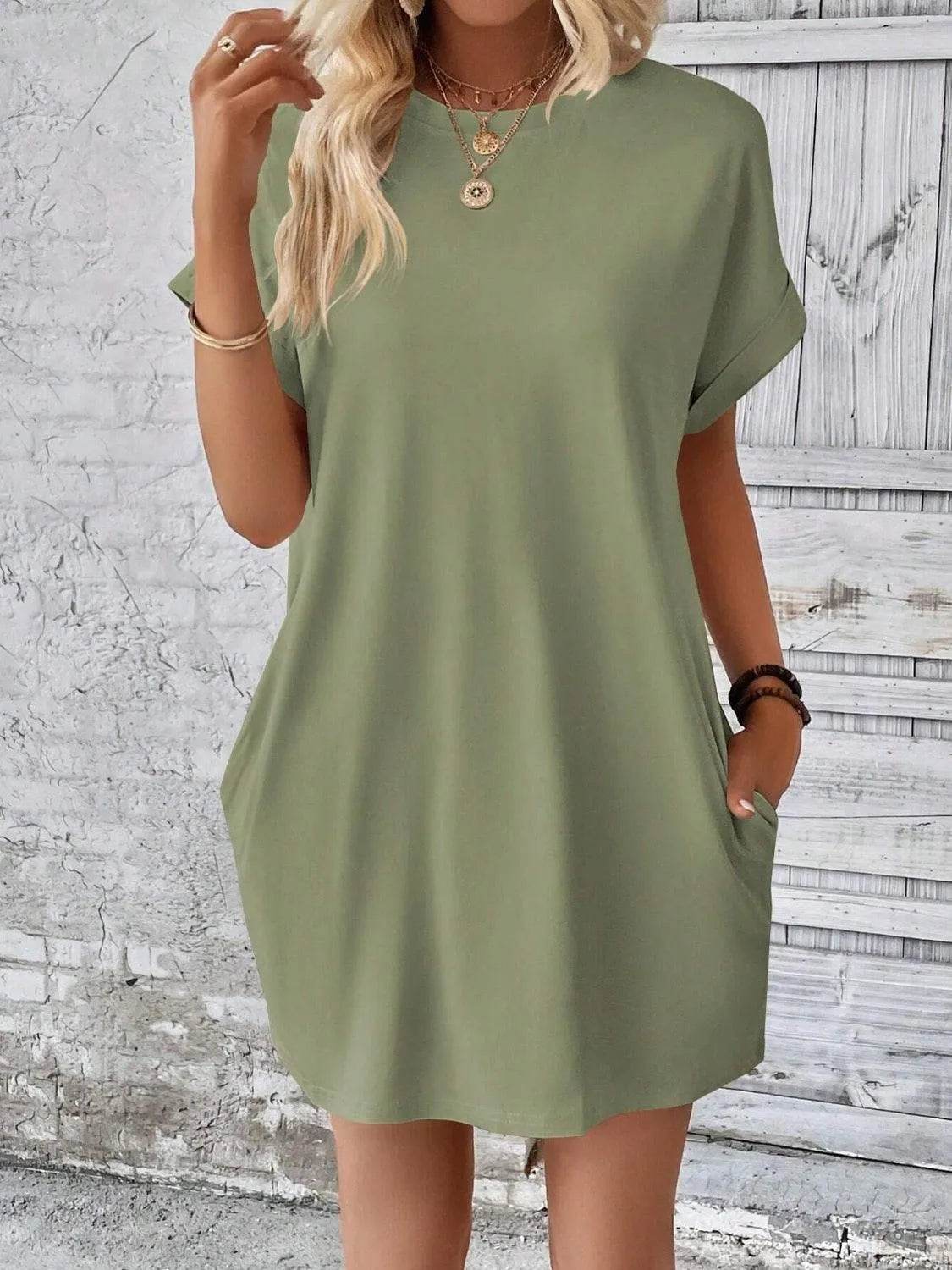 Bona Fide Fashion - Round Neck Short Sleeve Mini Dress - Women Fashion - Bona Fide Fashion