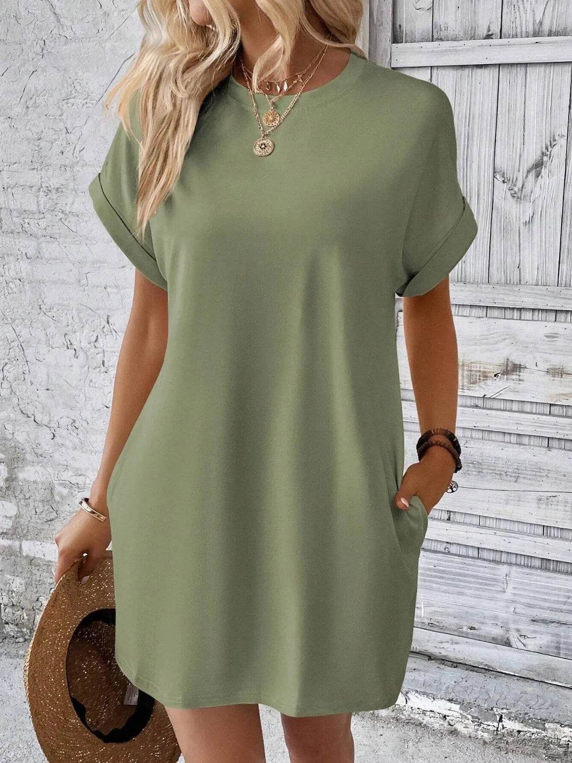 Bona Fide Fashion - Round Neck Short Sleeve Mini Dress - Women Fashion - Bona Fide Fashion