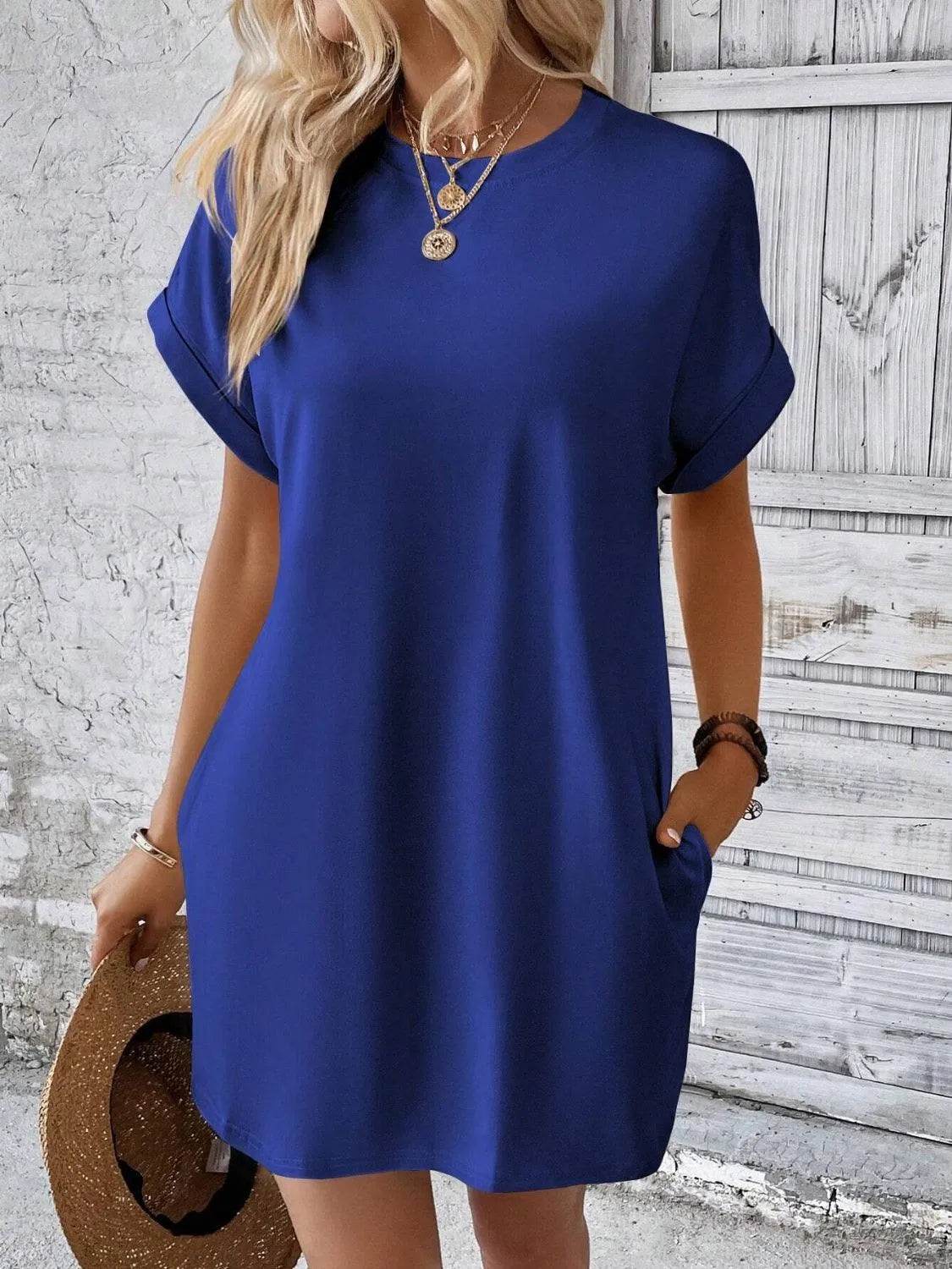 Bona Fide Fashion - Round Neck Short Sleeve Mini Dress - Women Fashion - Bona Fide Fashion