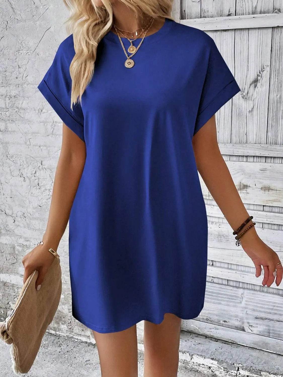 Bona Fide Fashion - Round Neck Short Sleeve Mini Dress - Women Fashion - Bona Fide Fashion