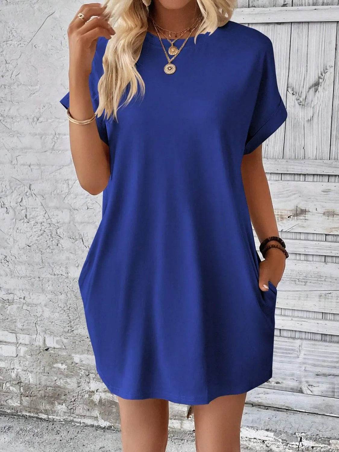 Bona Fide Fashion - Round Neck Short Sleeve Mini Dress - Women Fashion - Bona Fide Fashion
