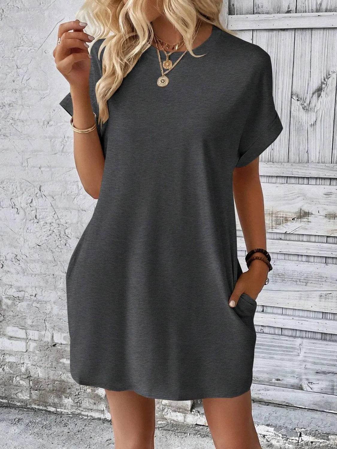 Bona Fide Fashion - Round Neck Short Sleeve Mini Dress - Women Fashion - Bona Fide Fashion