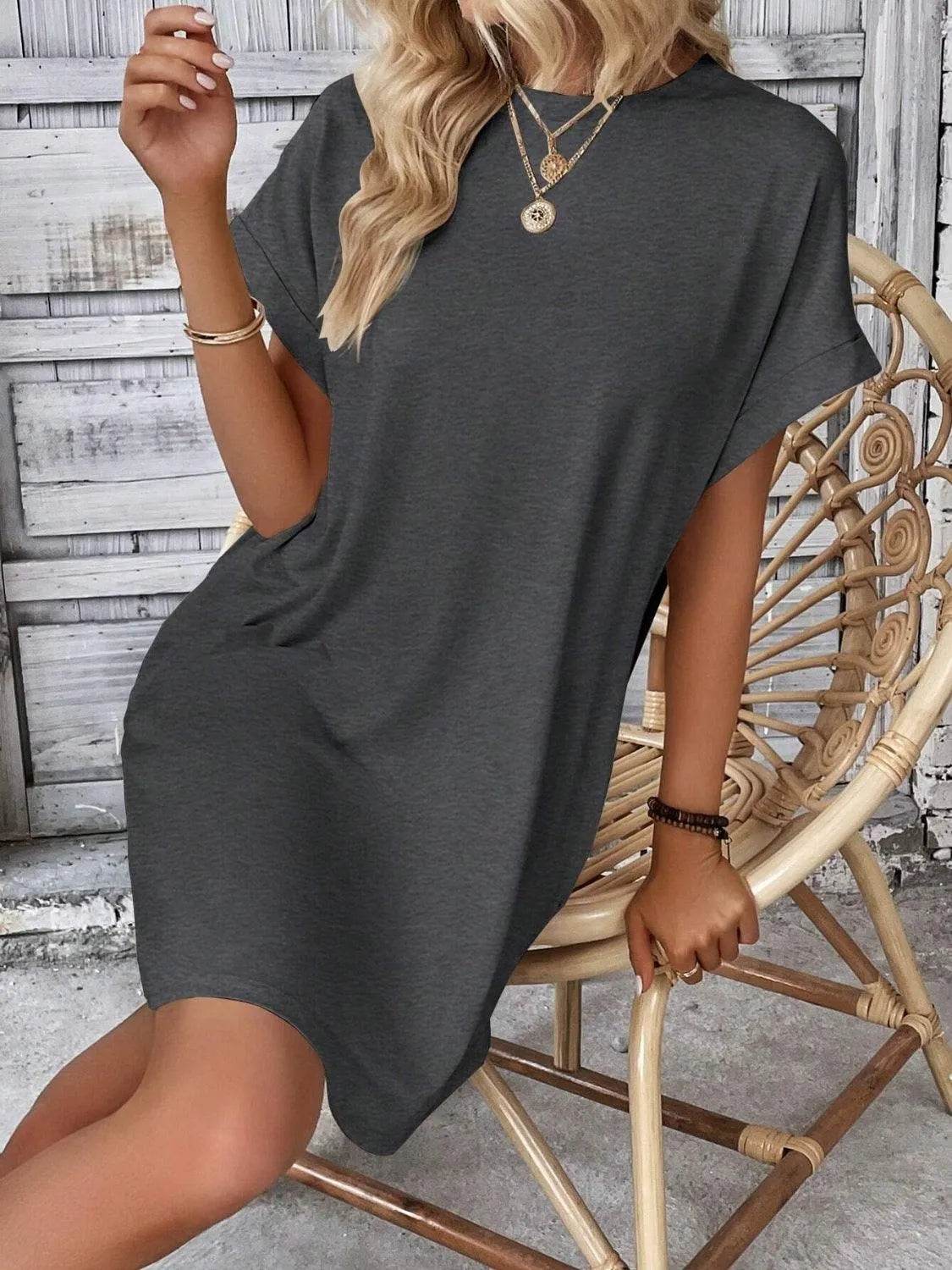Bona Fide Fashion - Round Neck Short Sleeve Mini Dress - Women Fashion - Bona Fide Fashion
