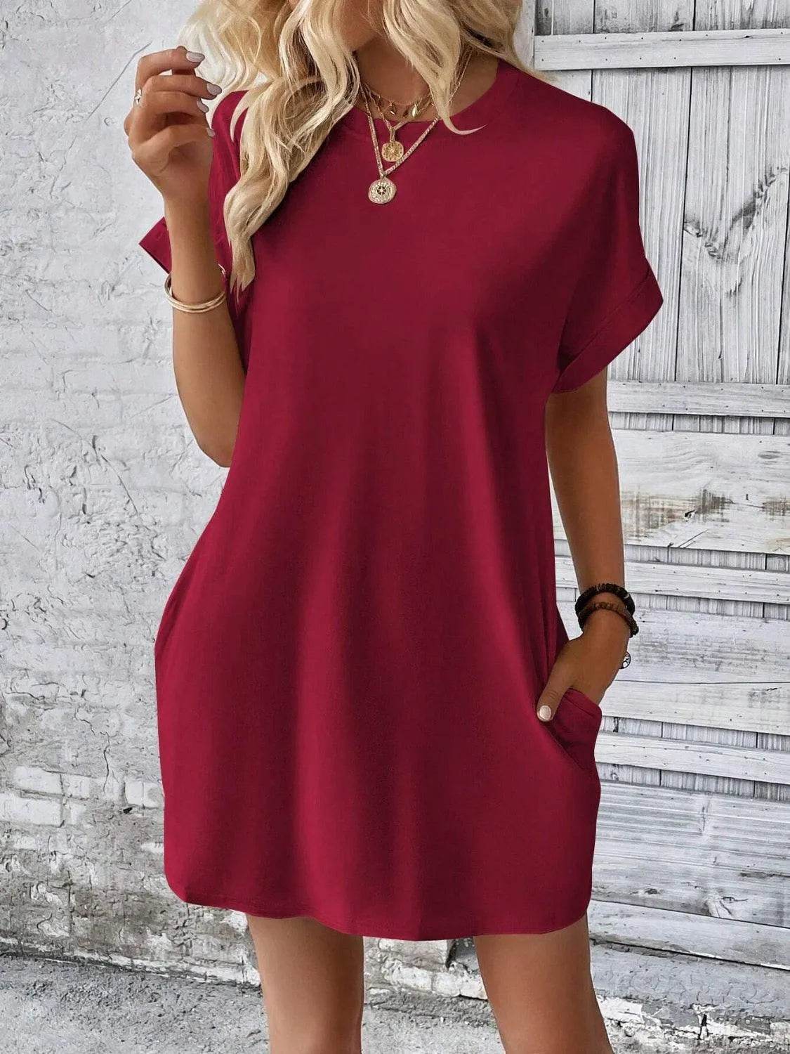 Bona Fide Fashion - Round Neck Short Sleeve Mini Dress - Women Fashion - Bona Fide Fashion