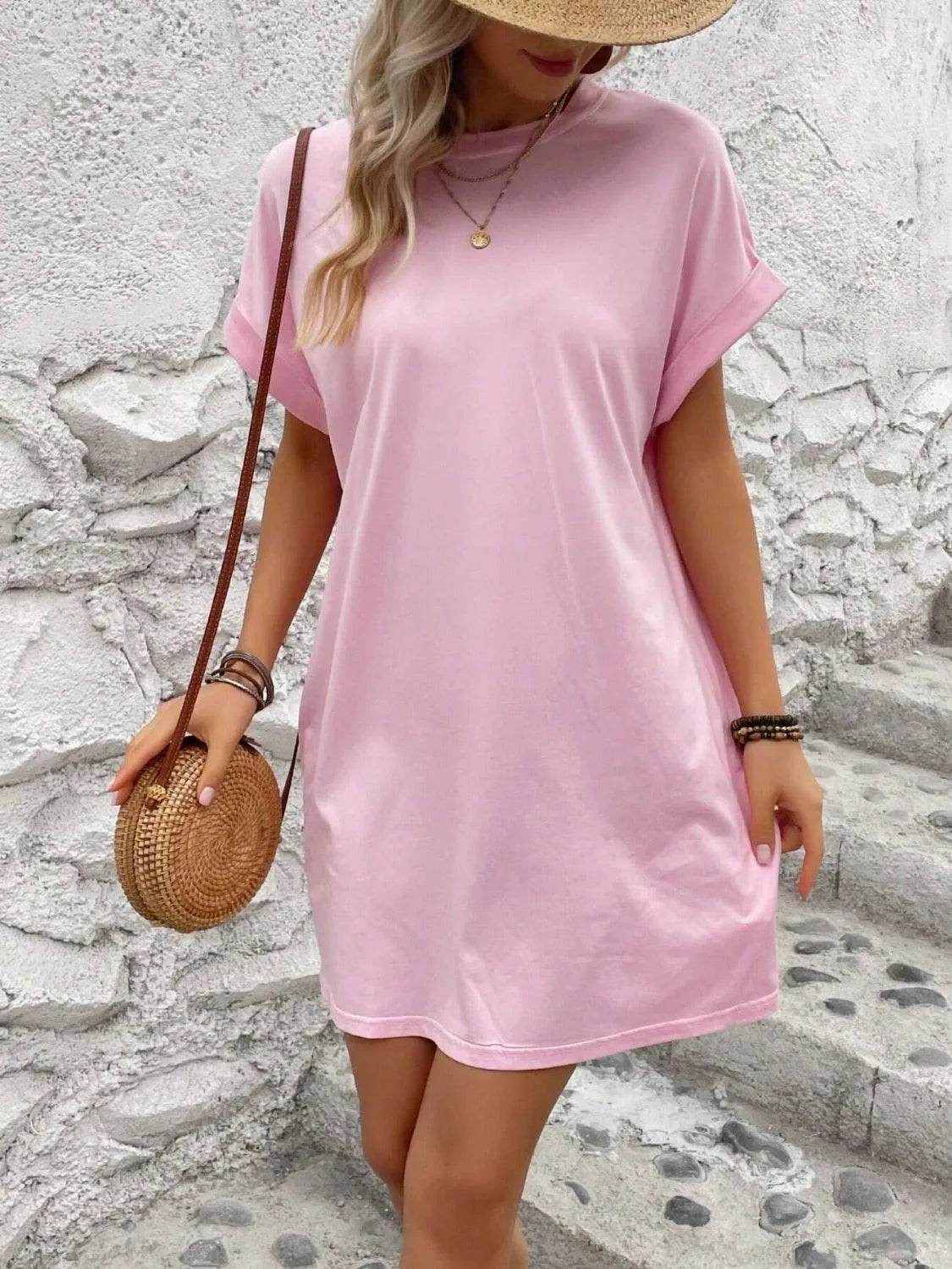 Bona Fide Fashion - Round Neck Short Sleeve Mini Dress - Women Fashion - Bona Fide Fashion
