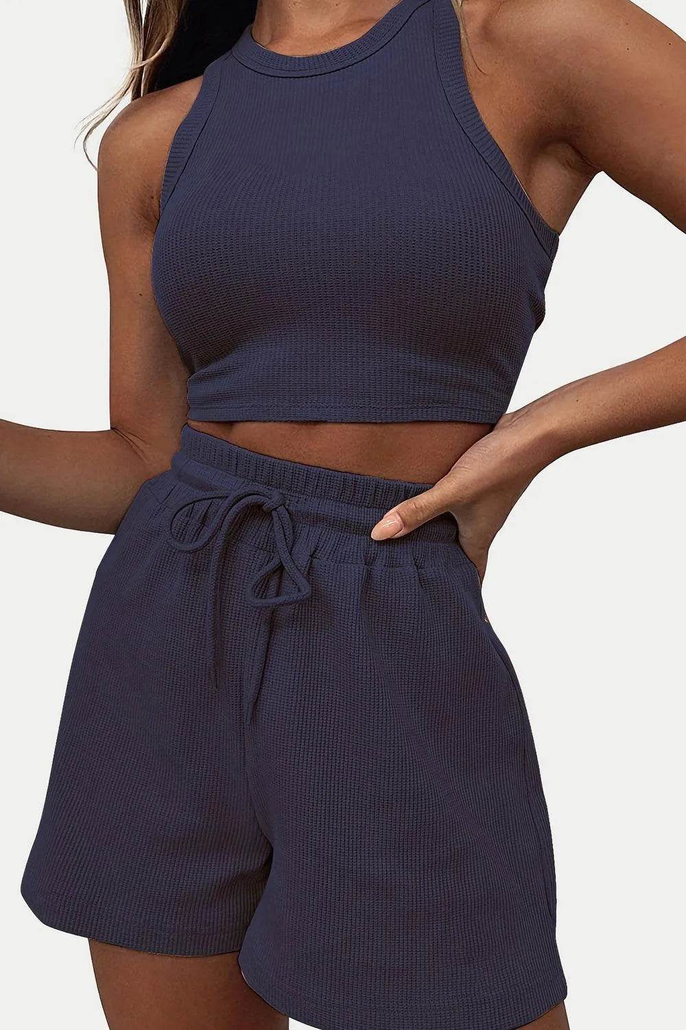 Bona Fide Fashion - Round Neck Top and Drawstring Shorts Set - Women Fashion - Bona Fide Fashion