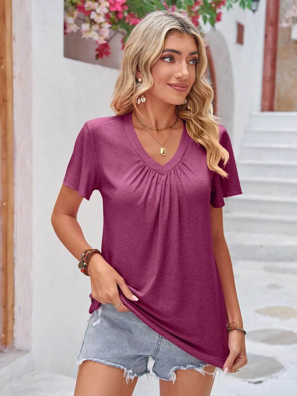 Bona Fide Fashion - Ruched V-Neck Short Sleeve T-Shirt - Women Fashion - Bona Fide Fashion