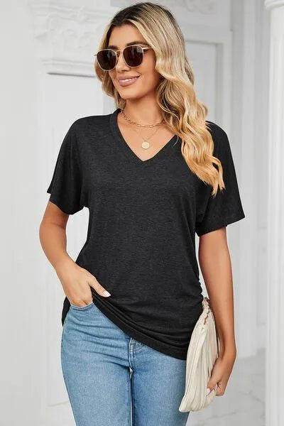 Bona Fide Fashion - Ruched V-Neck Short Sleeve T-Shirt - Women Fashion - Bona Fide Fashion