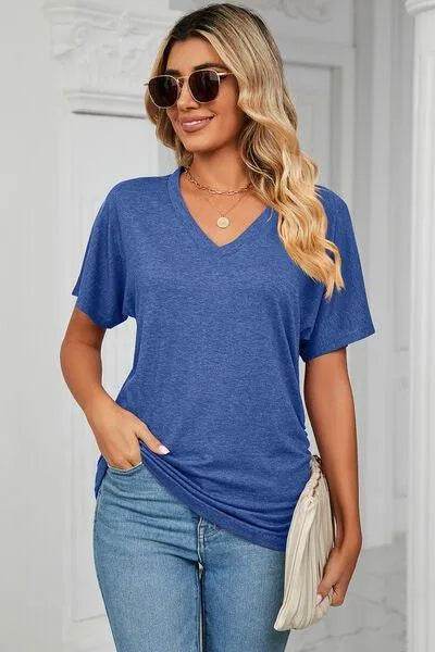 Bona Fide Fashion - Ruched V-Neck Short Sleeve T-Shirt - Women Fashion - Bona Fide Fashion