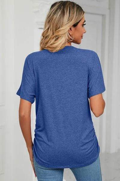 Bona Fide Fashion - Ruched V-Neck Short Sleeve T-Shirt - Women Fashion - Bona Fide Fashion