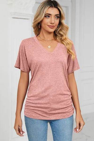 Bona Fide Fashion - Ruched V-Neck Short Sleeve T-Shirt - Women Fashion - Bona Fide Fashion