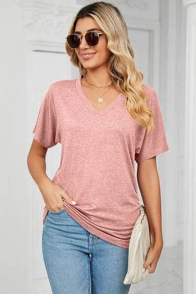 Bona Fide Fashion - Ruched V-Neck Short Sleeve T-Shirt - Women Fashion - Bona Fide Fashion