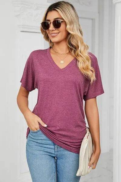 Bona Fide Fashion - Ruched V-Neck Short Sleeve T-Shirt - Women Fashion - Bona Fide Fashion