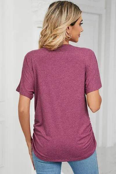 Bona Fide Fashion - Ruched V-Neck Short Sleeve T-Shirt - Women Fashion - Bona Fide Fashion